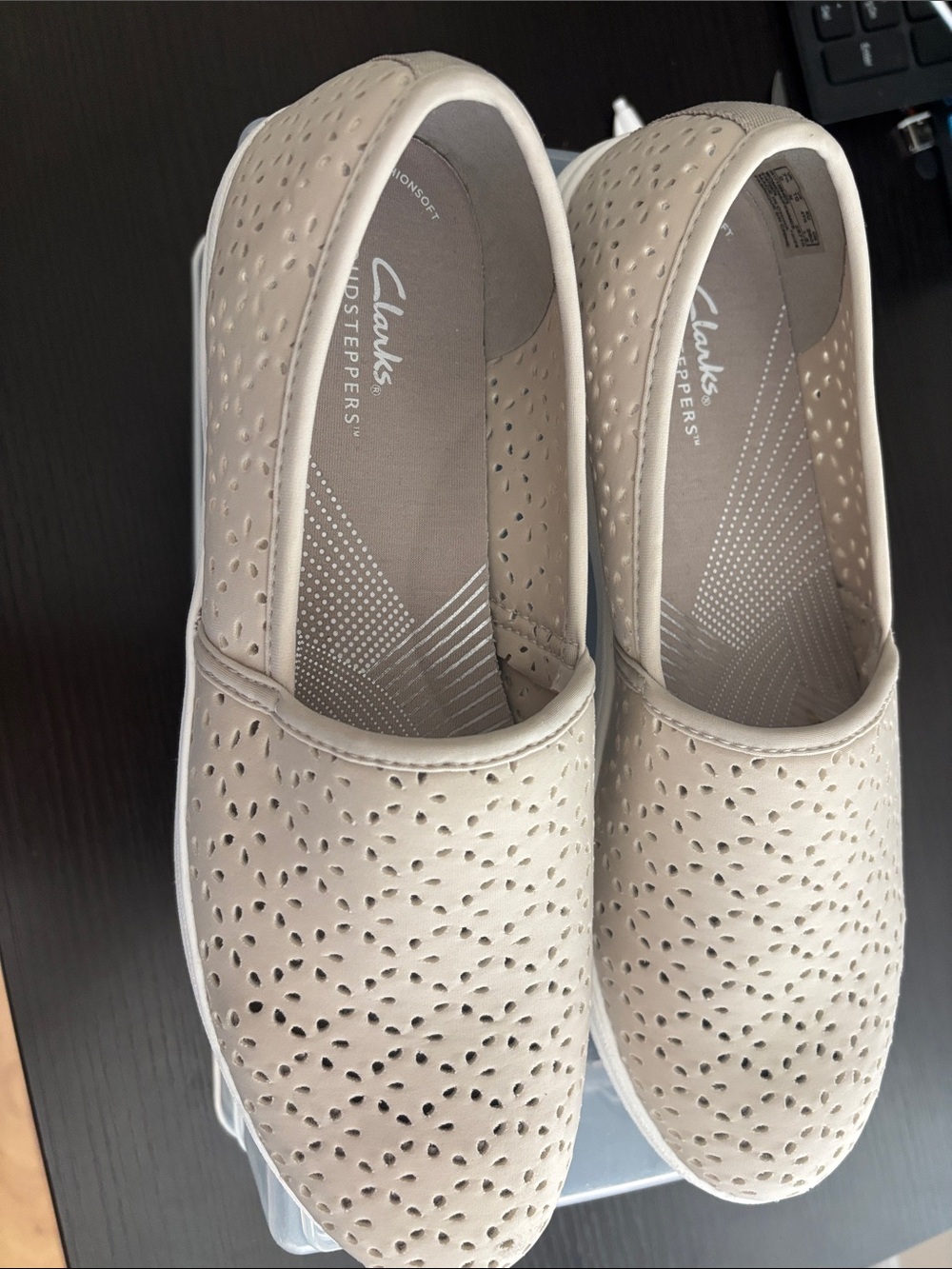 Clarks Light Beige Perforated Slip-On Loafers - Picture 1 of 3